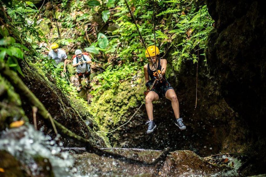 A person rappelling down a rocky cliff in a forested area. 3
