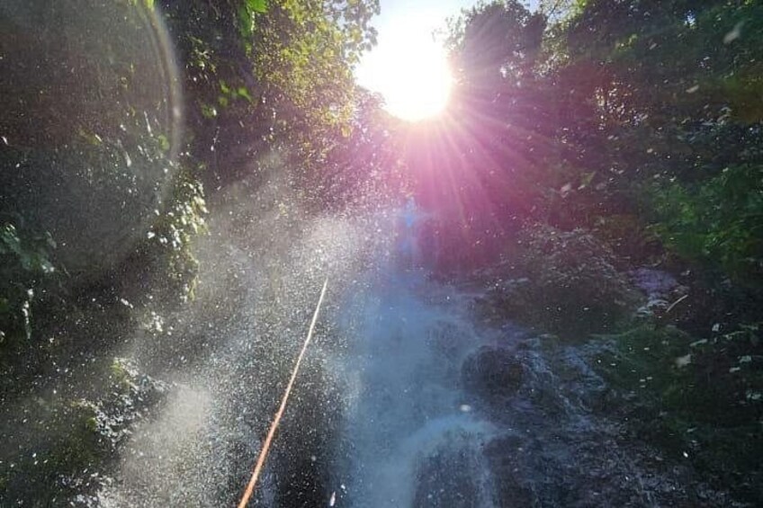 A waterfall with sunlight streaming through the trees. 4