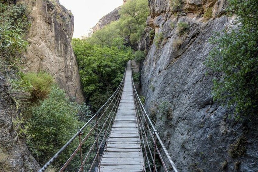 A suspension bridge in a canyon with steep rock walls and dense greenery. 3