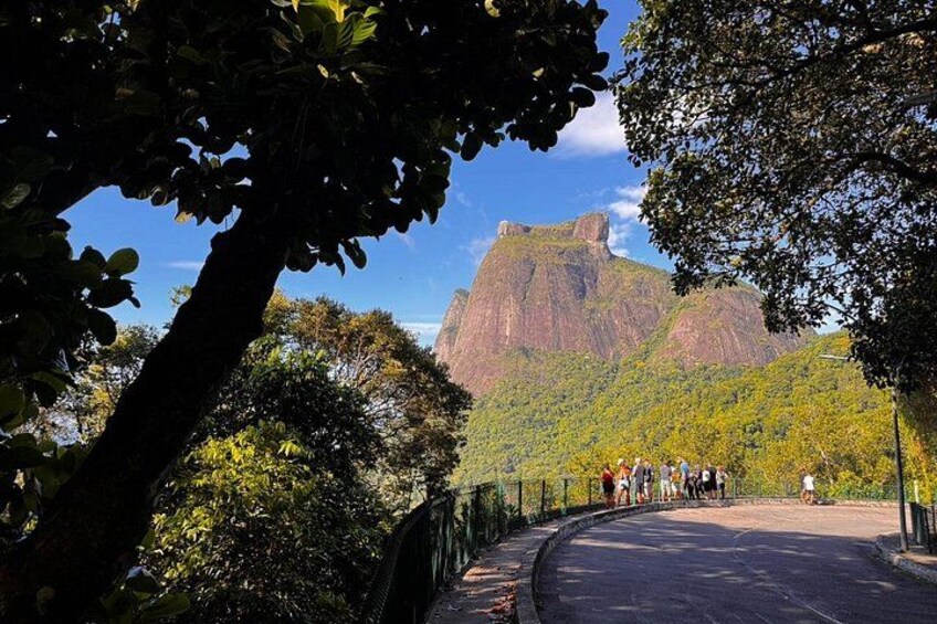A paved pathway with people walking, surrounded by lush greenery and a prominent mountain in the background. 5