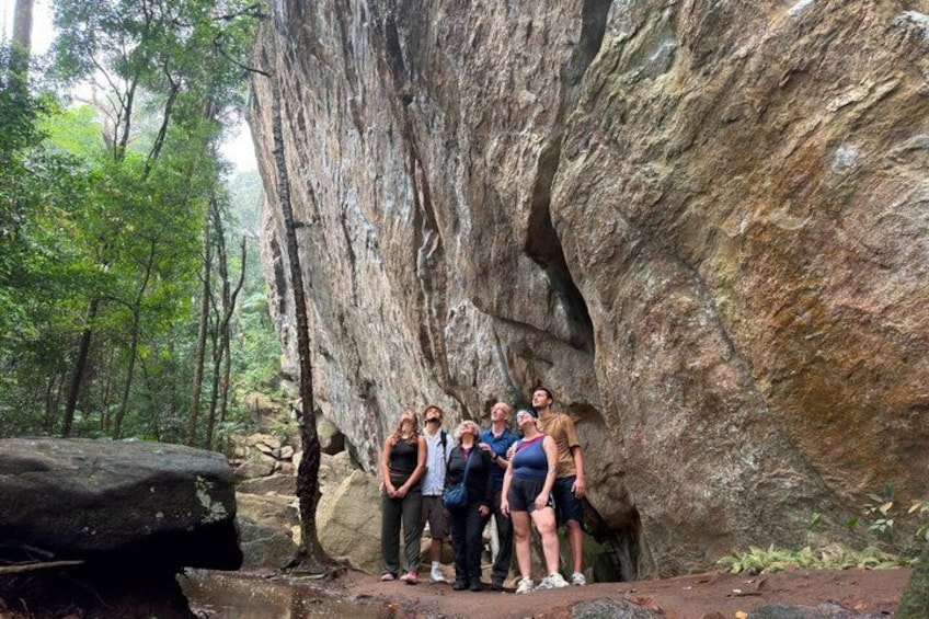 A group of people standing in front of a large rock formation in a forest. 1