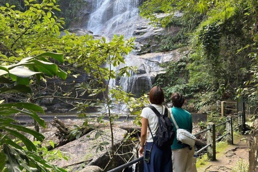 Two people observing a waterfall in a forested area with a wooden walkway. 1