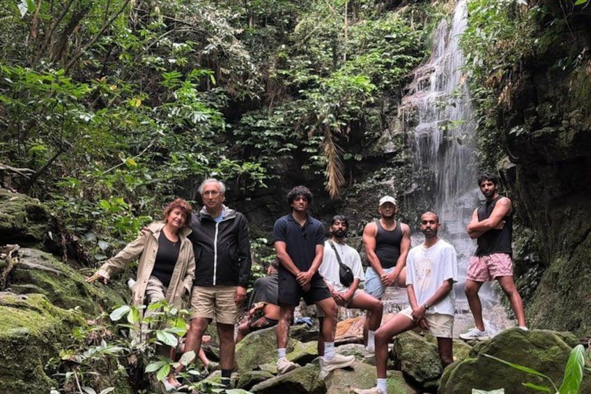 A group of people standing on rocks near a waterfall in a forested area. 2
