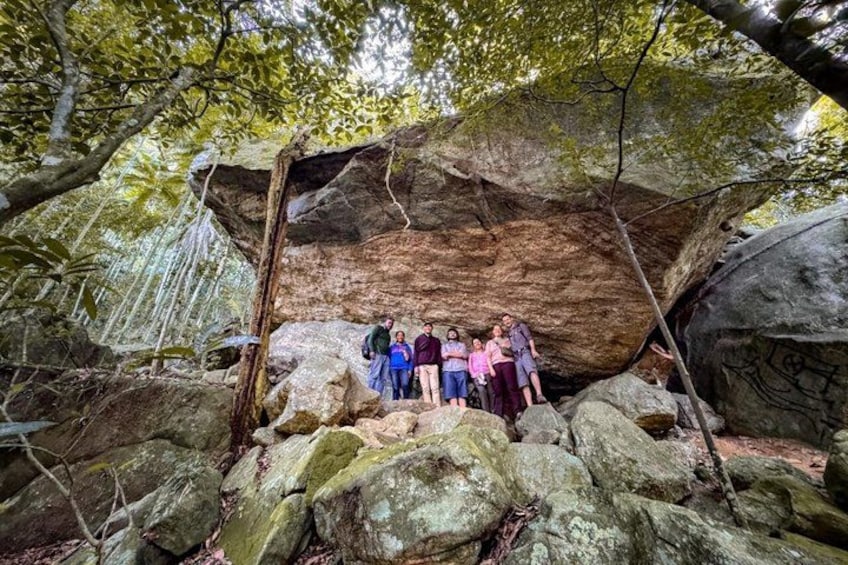 A group of people standing on a rocky outcrop surrounded by trees. 3