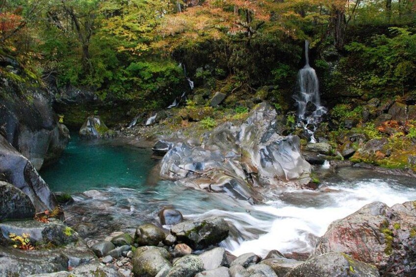 A waterfall, rocky terrain, and a turquoise pool in a forested area. 5