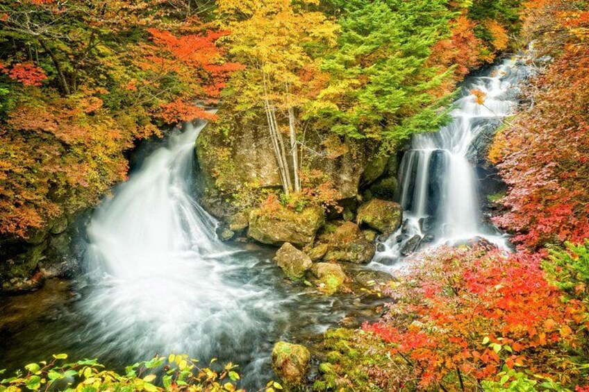 A waterfall surrounded by autumn foliage. 2
