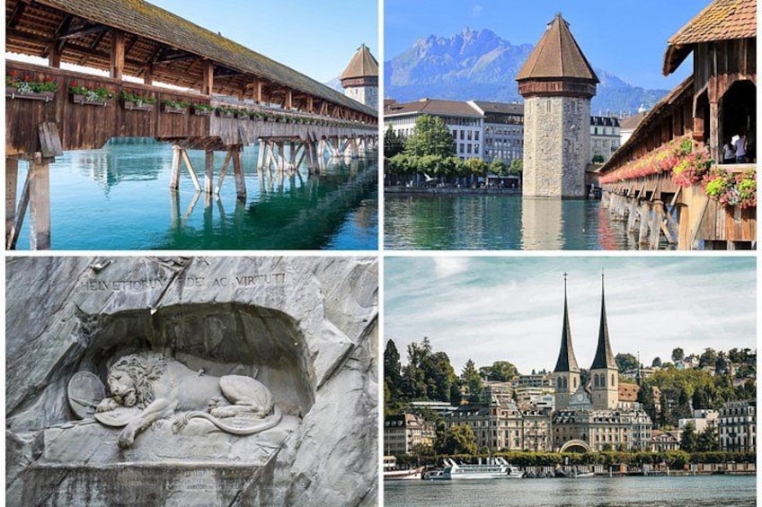 A wooden bridge over water, a tower, a stone carving, and a church with spires. 2