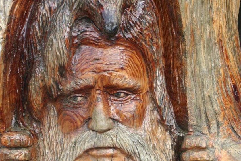 A detailed wood carving with intricate textures and patterns. 1