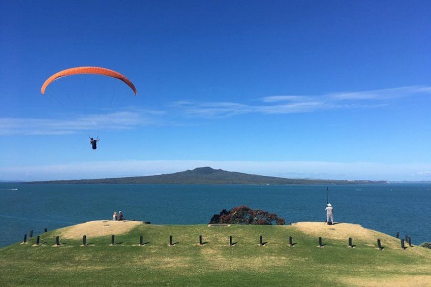 View of paragliders and Rangitoto from North Head 2