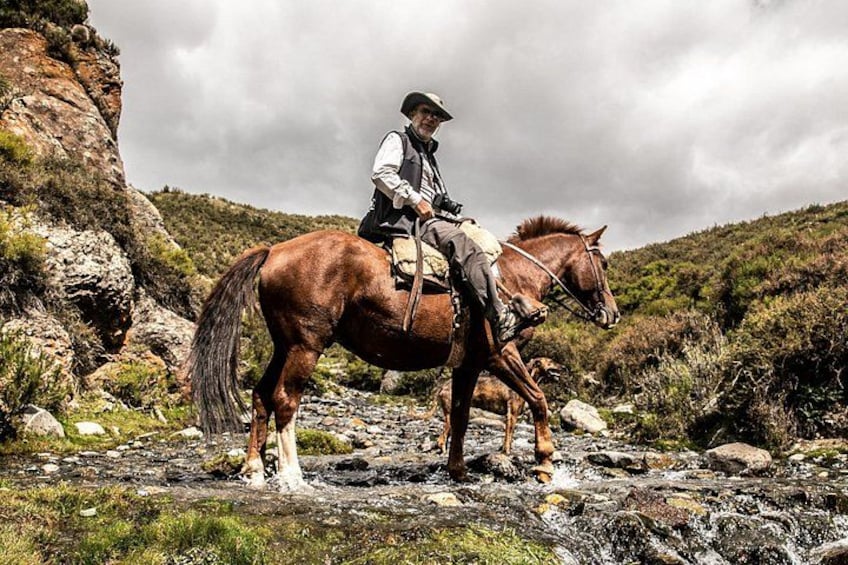 A person riding a horse on a rocky path with a mountainous landscape in the background. 3