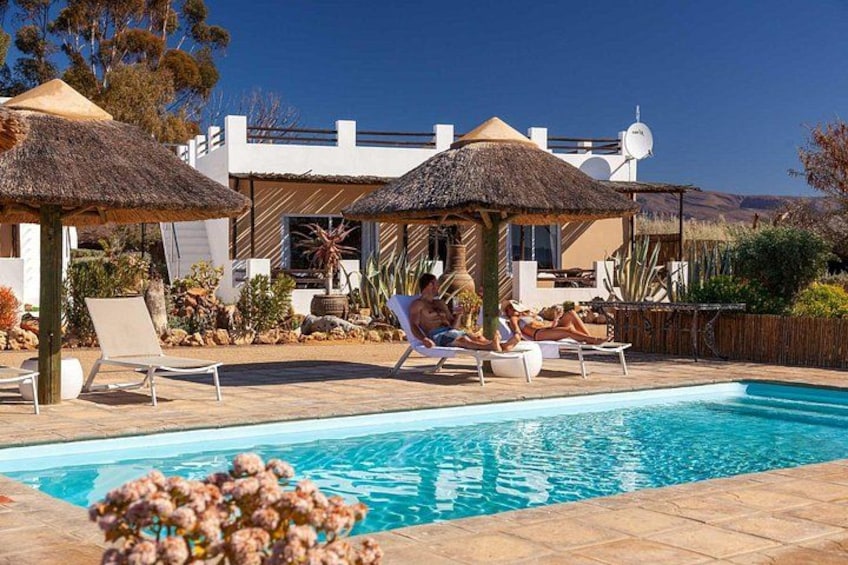 A swimming pool with lounge chairs and thatched umbrellas, surrounded by a landscaped garden and a modern building. 3