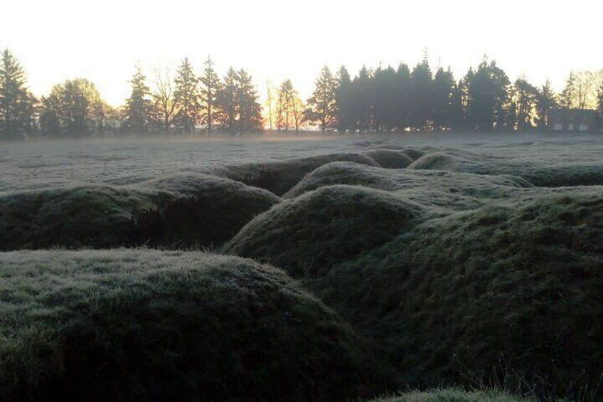A frosty field with rolling hills and a forest in the background. 3