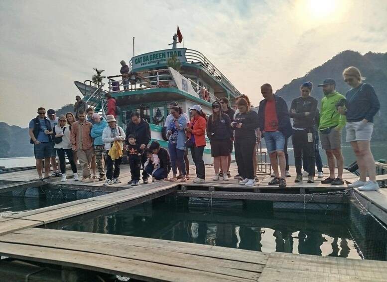 A group of people standing on a wooden dock by a boat named 'CAT BA GREEN TRAIL' with a mountainous landscape in the background. 3