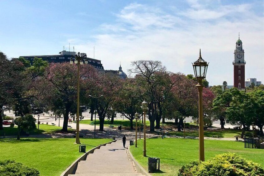 Un parque con un sendero, cerezos, una torre del reloj y un edificio al fondo. 4