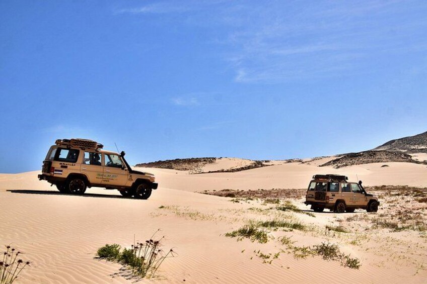 Two off-road vehicles in a desert landscape with sand dunes. 5