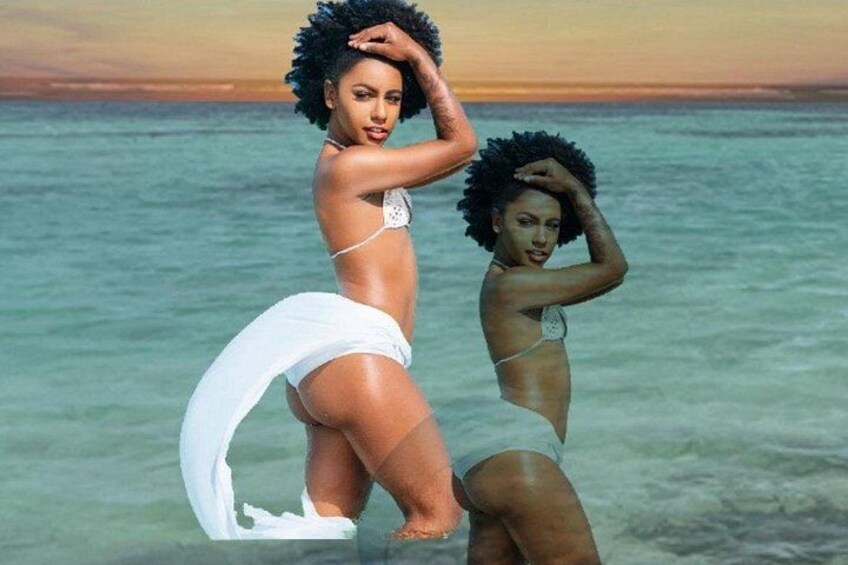 Two individuals in bikinis by the ocean with a sunset in the background. 4