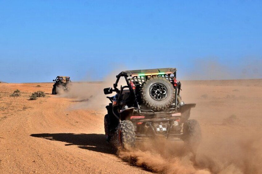 A desert landscape with a quad bike and a vehicle in motion, kicking up dust. 2