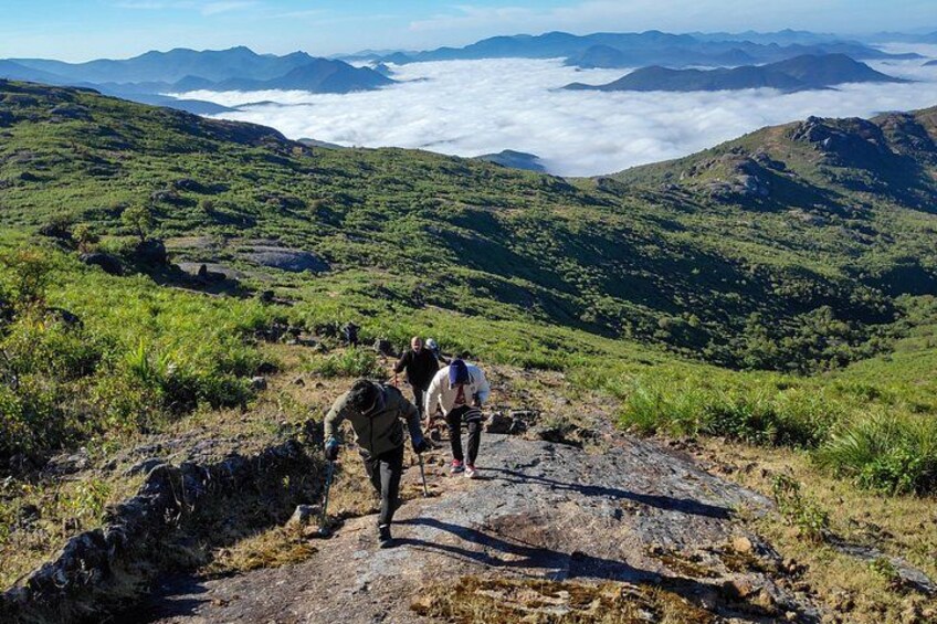 Senderistas en un sendero de montaña con abundante vegetación y vistas a nubes distantes. 2