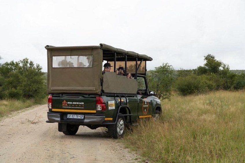 A safari vehicle on a dirt road with passengers, surrounded by dry grass and sparse trees. 5
