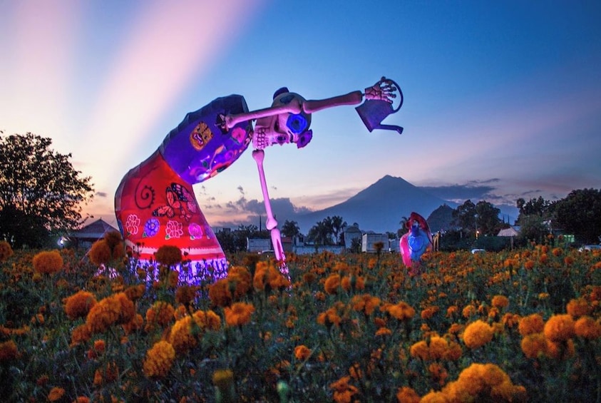 A skeleton sculpture in a field of marigolds at dusk. 2