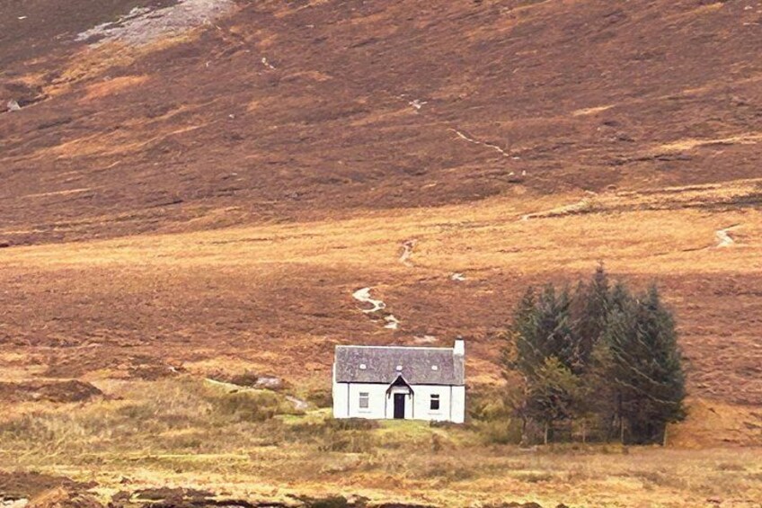 A white house with a black roof in a grassy field with a hill in the background. 3