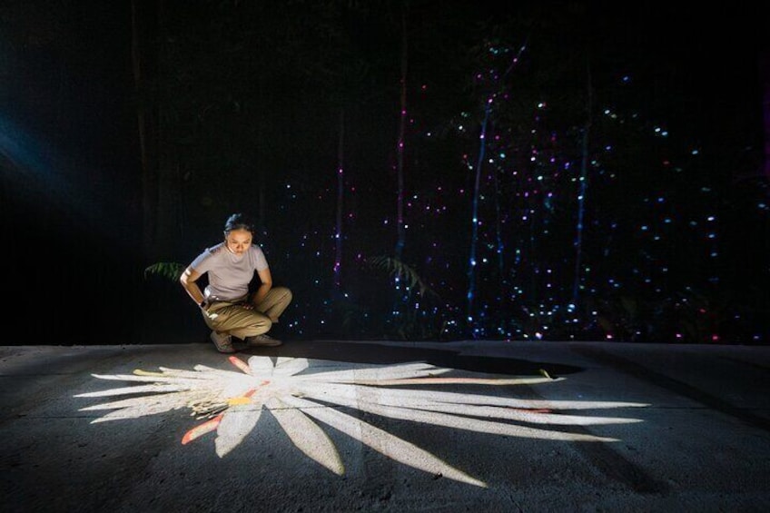 A person crouching on a road with a large flower painted on the ground and colorful lights in the background. 1