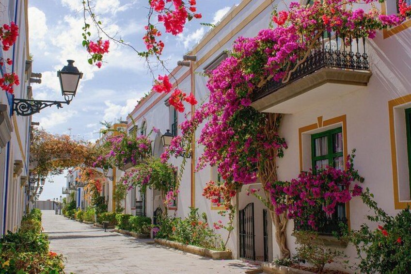 A street lined with white buildings, green shutters, and pink bougainvillea vines. 5