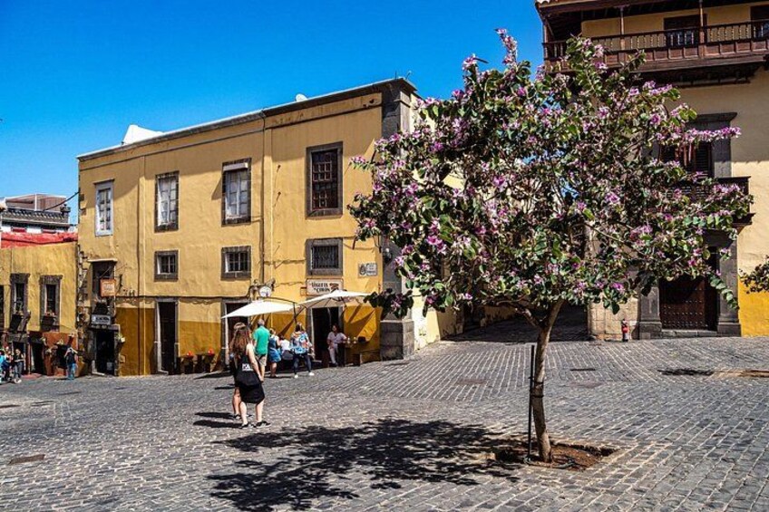 A cobblestone street with a tree in the foreground, buildings in the background, and people walking. 3