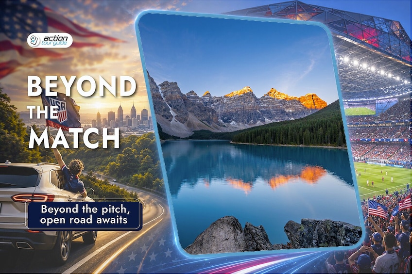 A sports stadium, a mountainous landscape, and a road with a car. 3