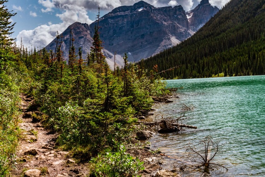 A mountain landscape with a clear turquoise lake, rocky shore, and dense forest. 5