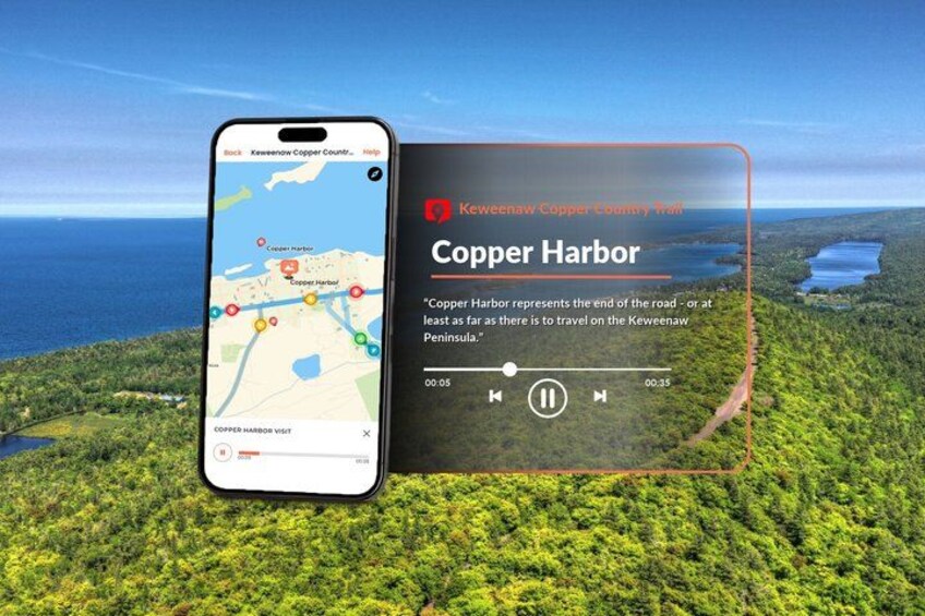 A smartphone displaying a map with a location marked as Copper Harbor. 5