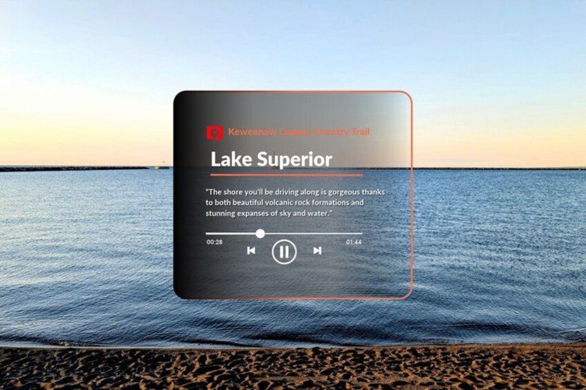 A smartphone displaying a travel app interface with a scenic view of Lake Superior. 3