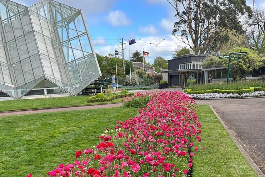 A modern glass building, a flower-lined pathway, and a flagpole with a flag. 5