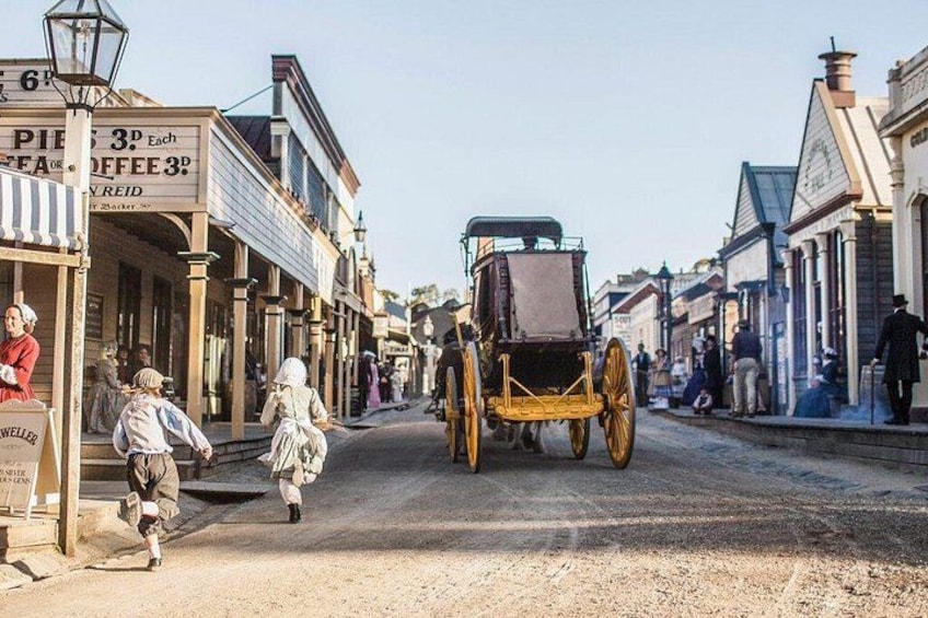 A historical street scene with a horse-drawn carriage, vintage buildings, and pedestrians. 1