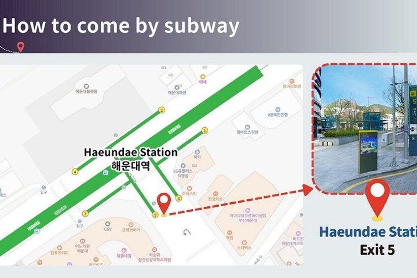 Un plan du métro indiquant la station de Haenundae et la sortie numéro 5. 2