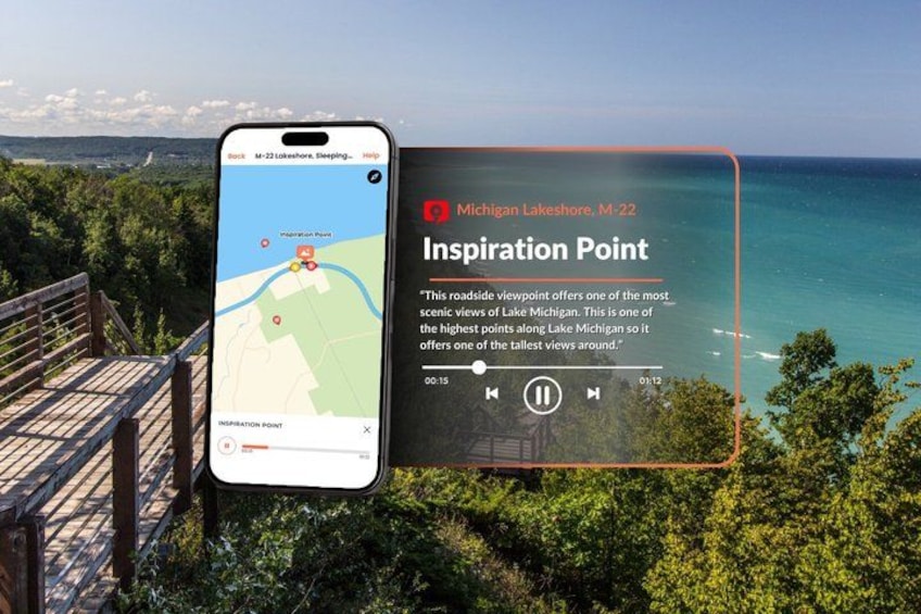 Un teléfono inteligente mostrando un mapa con una ubicación marcada, una vista panorámica del lago Michigan y una superposición de texto que describe el mirador del Punto Inspiración. 4
