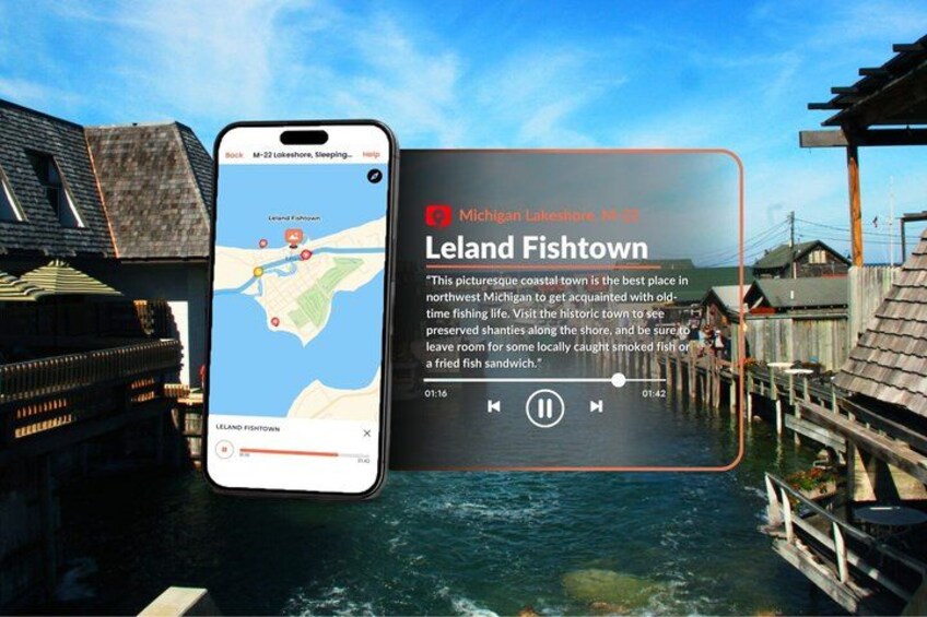 Un teléfono inteligente mostrando un mapa y una descripción en video de Leland Fishtown, Michigan. 3