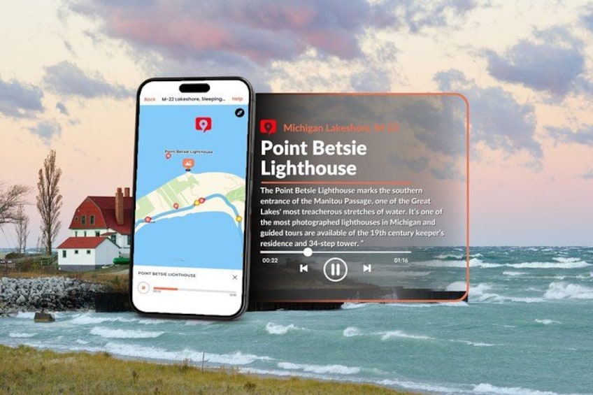Un teléfono inteligente mostrando un mapa con el faro Point Betsie resaltado, junto a un texto superpuesto sobre el faro. 2