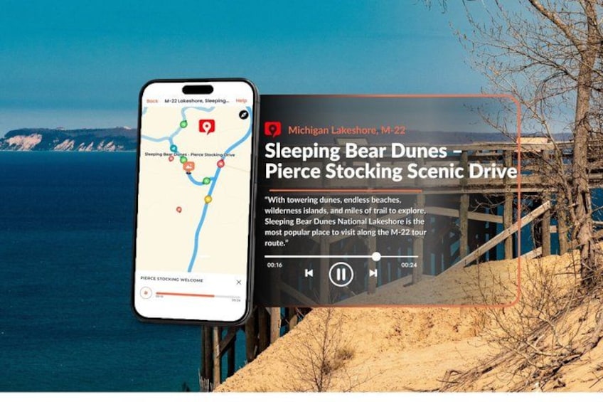 Un teléfono inteligente mostrando un mapa con una ruta marcada en rojo, un cartel con texto sobre las Dunas Sleeping Bear, y una vista panorámica de una playa con dunas. 5