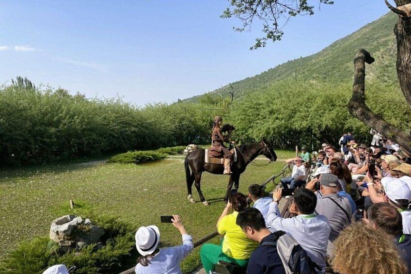A crowd watching a person on horseback in a grassy area with trees and hills in the background. 5