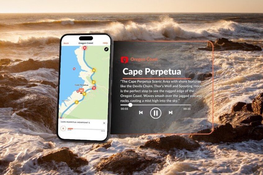 Un teléfono inteligente mostrando un mapa con una ubicación marcada como 'Cape Perpetua' y una descripción del área panorámica. 5