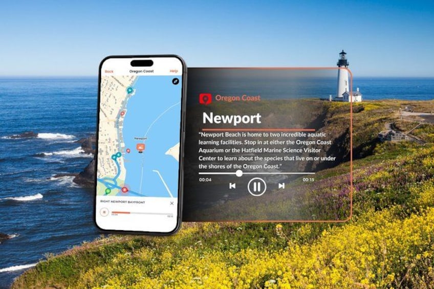 Un teléfono inteligente muestra un mapa con Newport resaltado, junto con una vista panorámica de la playa Newport y un faro. 3