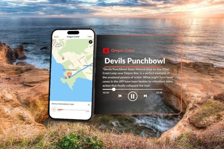 Un teléfono inteligente mostrando un mapa con una ubicación marcada 'Devils Punchbowl' y una descripción del área. 2