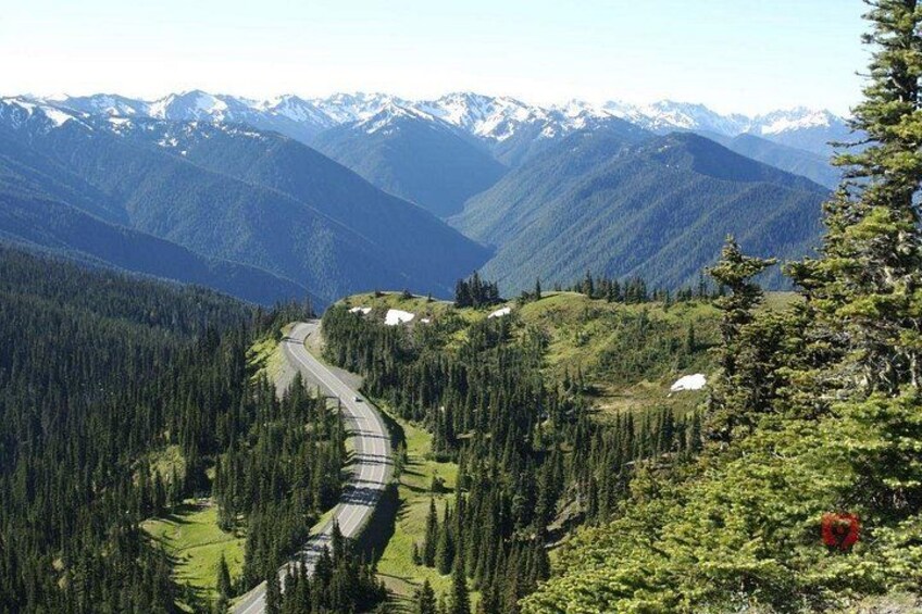 A winding mountain road surrounded by dense forests and snow-capped peaks. 5