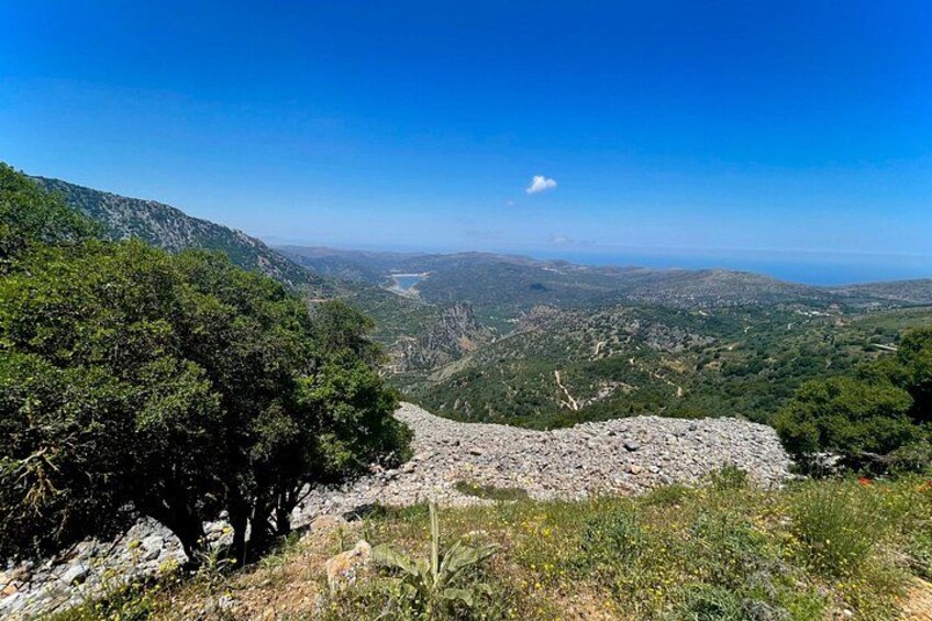 Eine gebirgige Landschaft mit blauem Himmel, felsigem Gelände und dichter Vegetation. 5