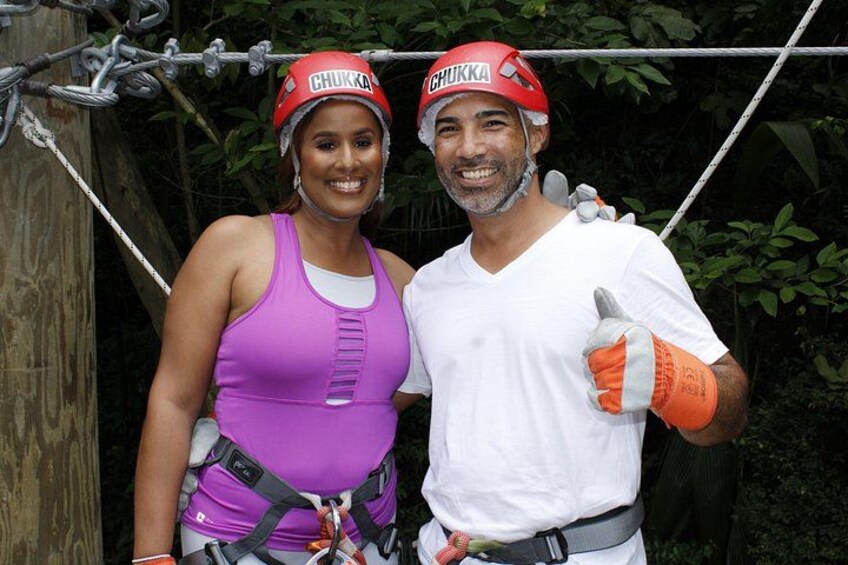 Couple on the platform during their Monkey Zipline Adventure at Harrison's Cave Eco-Adventure Park 5