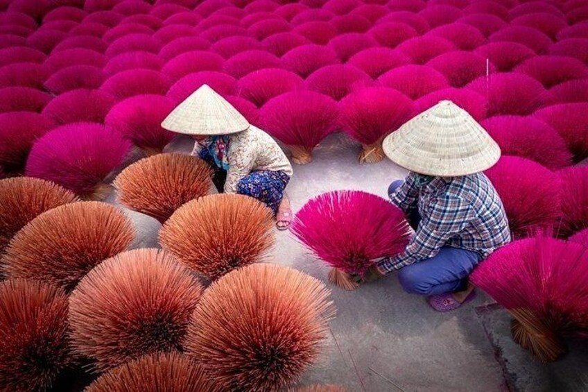 Two people working among rows of vibrant pink and orange plants, wearing traditional conical hats. 1