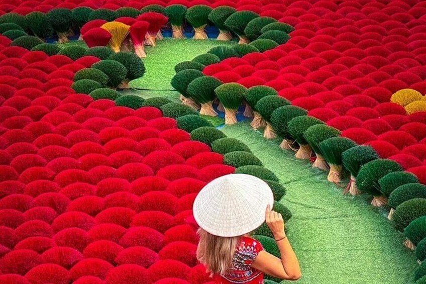 A person in a red shirt and white hat walking through a field of red and green plants. 2