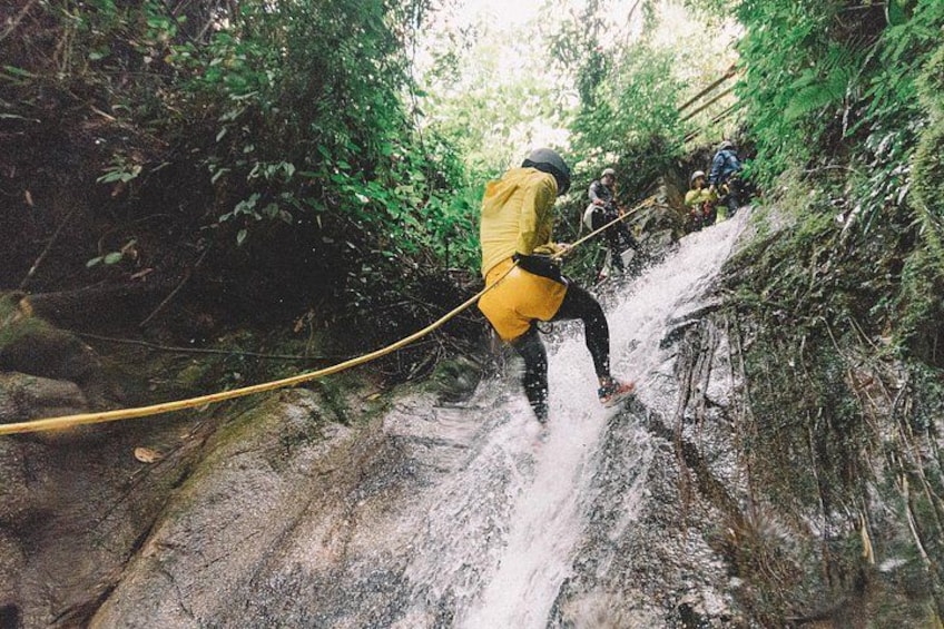 A person rappelling down a rocky waterfall in a forested area. 4