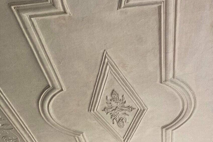 A close-up of a textured wall with a decorative floral pattern. 5